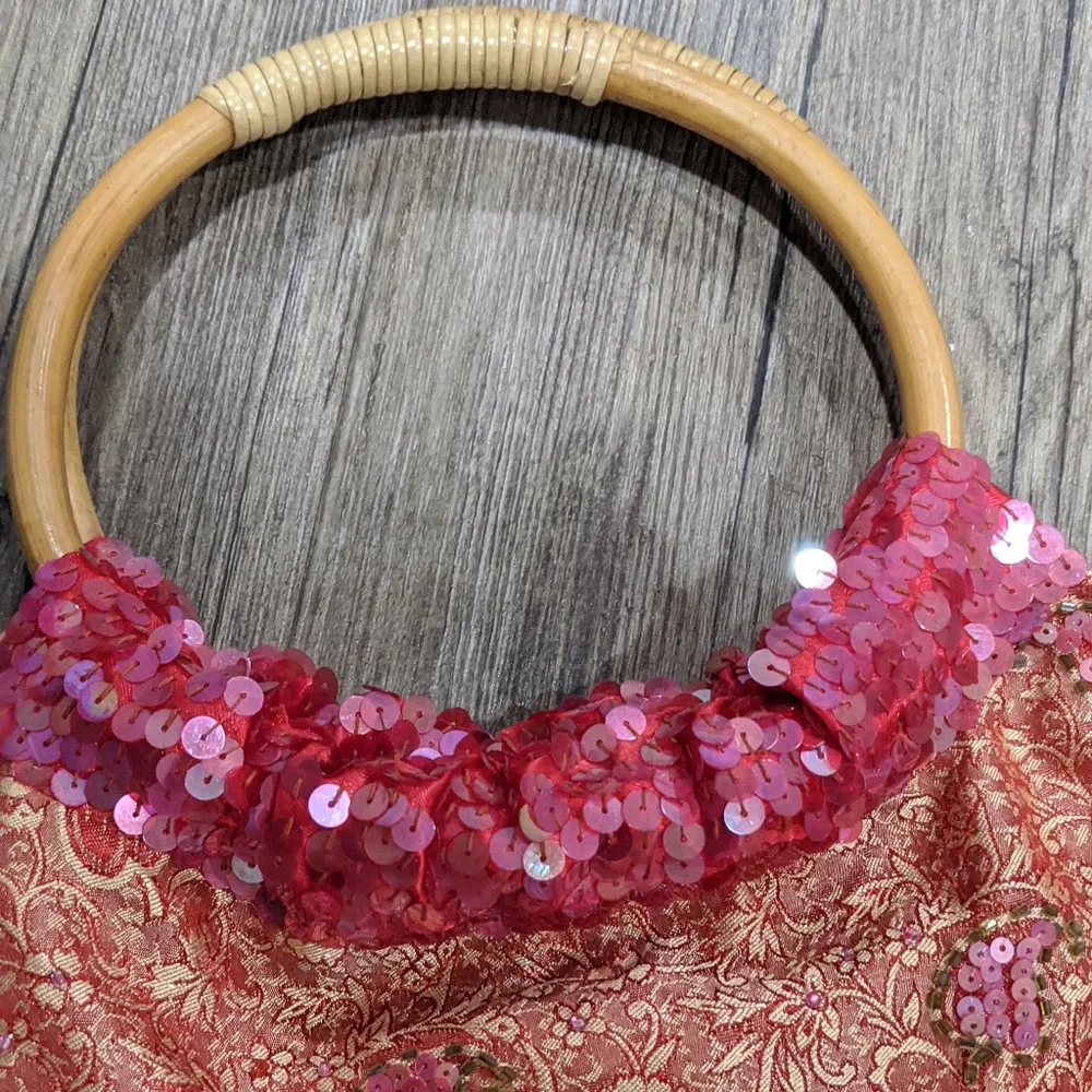 Embroidered & Beaded Fringe Evening Bag With Bamboo Handle